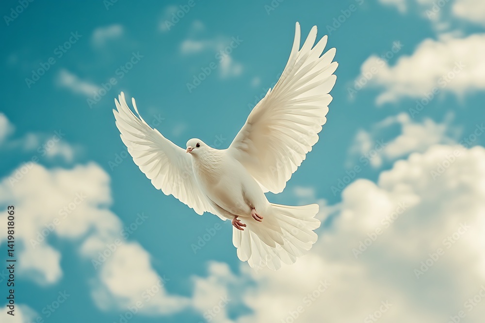 Fototapeta premium White Dove Soaring Against a Blue Sky with Wispy Clouds and Sunlight