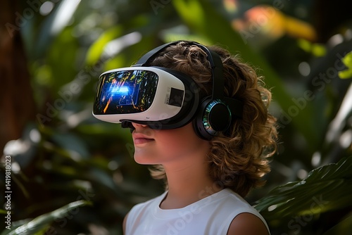 Young Girl Experiencing Virtual Reality In Lush Green Nature
