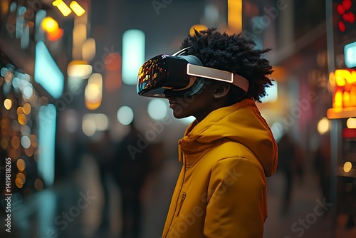 Young Man in Yellow Jacket Using VR Headset in a Vibrant City at Night
