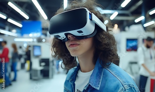 Young Man with Curly Hair Wearing a VR Headset at a Technology Exhibition