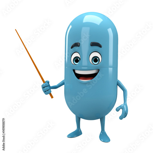 3D Pill Mascot Explaining with Pointer and Whiteboard Isolated on White Background
