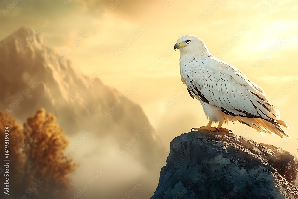 Fototapeta premium White Hawk Perched On Rock With Mountain Background In Golden Hour Light