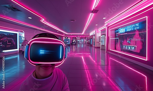 Young Person Wearing a VR Headset in a Neon Lit Corridor