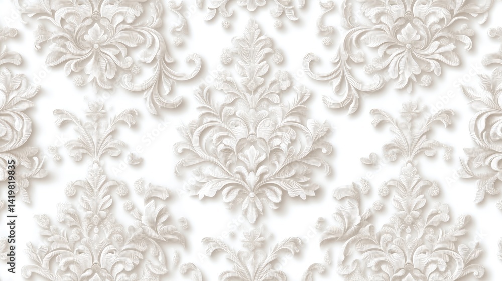 Damask Wallpaper Design Elegant Embossed Texture High-resolution Seamless Pattern Close-up Detailed View Ornate Floral Motifs White Background Soft Neutral Hues Ideal for Home Decor Damask Wallpaper Design Elegant Embossed Texture High-resolution Seamless Pattern Close-up Detailed View Ornate Floral Motifs White Background Soft Neutral Hues Ideal for Home Decor