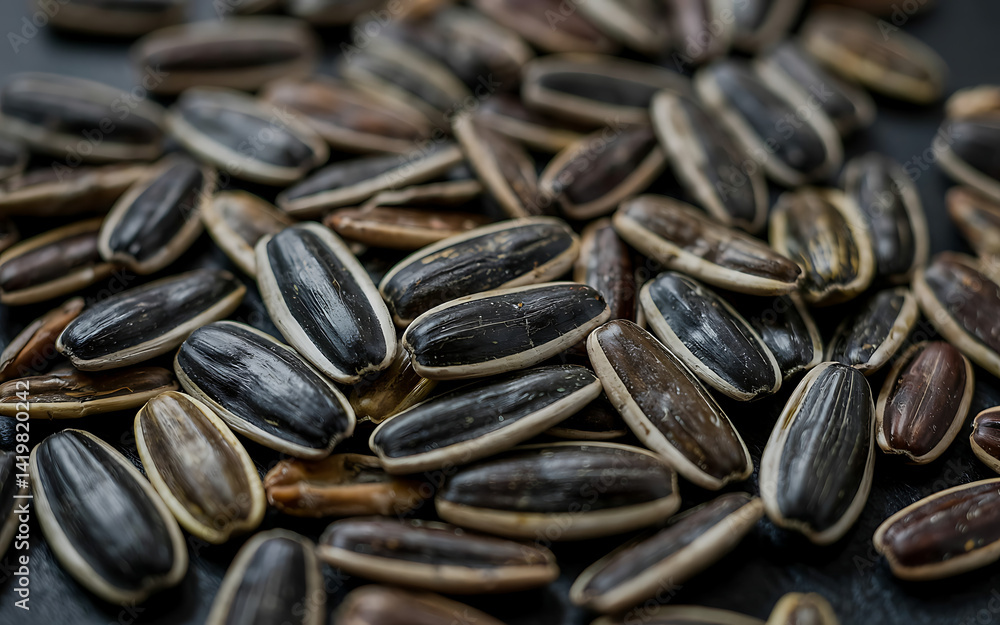Roasted Sunflower Seeds CloseUp Pile on Dark Surface Healthy Snack, Food Photography, Ingredient Still Life Roasted Sunflower Seeds CloseUp Pile on Dark Surface Healthy Snack, Food Photography, Ingredient Still Life