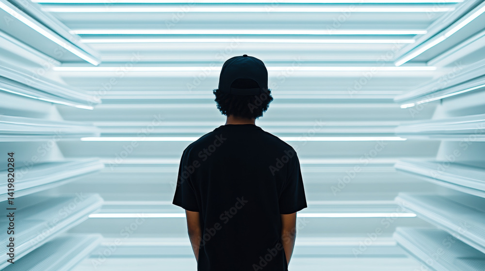 A person gazes into a futuristic, illuminated space. A person gazes into a futuristic, illuminated space.