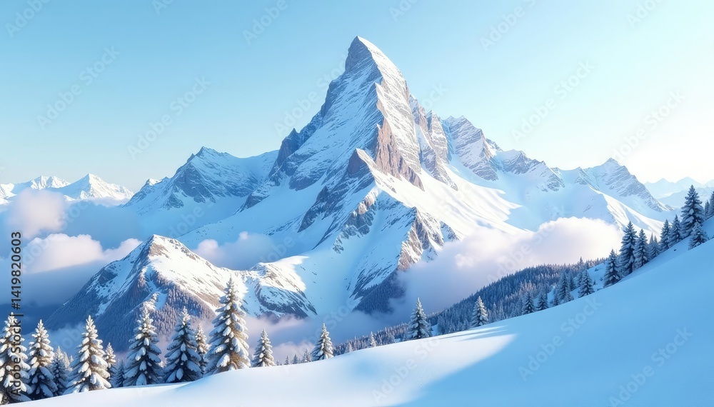 Obraz premium Snow-covered mountain peak, pristine white landscape, mountain, nature