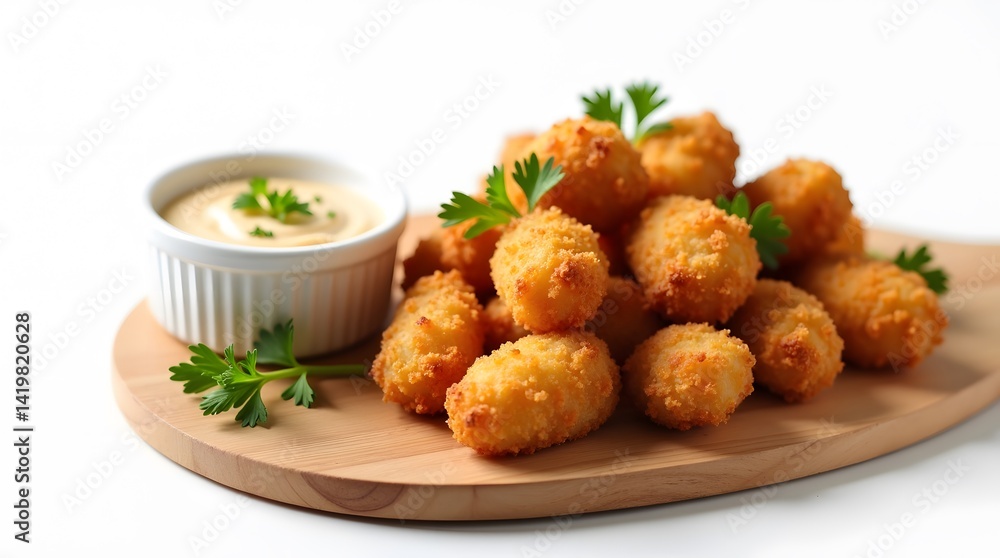 Crispy golden chicken bites on wood board with creamy dip and parsley. Delicious appetizer, snack. Perfect for food blogs, menus, and social media. Crispy golden chicken bites on wood board with creamy dip and parsley. Delicious appetizer, snack. Perfect for food blogs, menus, and social media.