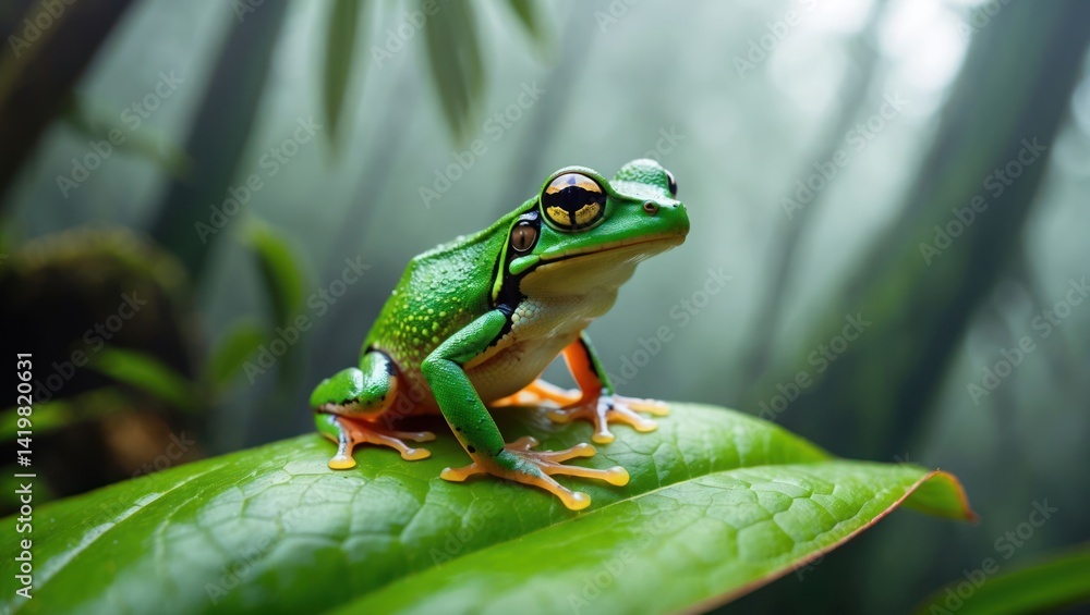 Fototapeta premium Green Frog Sitting on Leaf in Misty Tropical Forest Environment