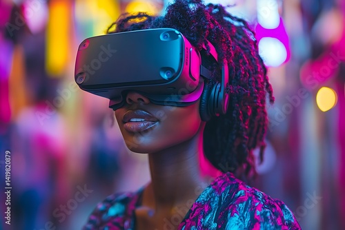 Young Woman in VR Headset Amidst Vibrant Neon Lights at Night