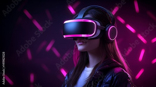 Young Woman in VR Headset with Neon Pink Lights Background