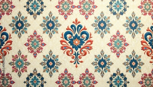 Subtle geometric damask pattern with a muted color palette , geometric, muted, repeating