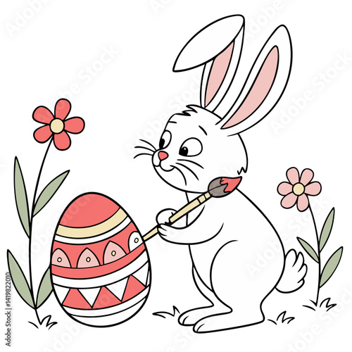 bunny painting easter egg and some flowers coloring page vector