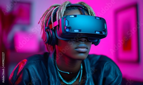 Young Woman Wearing VR Headset in Pink and Purple Neon Lit Room