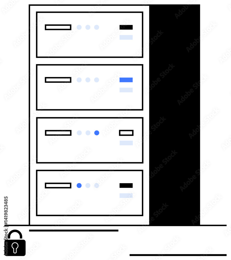 Filing cabinet with multiple drawers and digital indicators, accompanied by a lock icon. Ideal for data security, document organization, privacy management, office filing, secure storage, information Filing cabinet with multiple drawers and digital indicators, accompanied by a lock icon. Ideal for data security, document organization, privacy management, office filing, secure storage, information