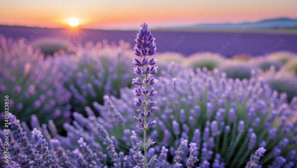 Obraz premium Lavender Field at Sunset with Blooming Flowers and Warm Light
