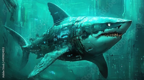 Wallpaper Mural Futuristic Cyber Shark Swimming in Neon Cityscape Torontodigital.ca
