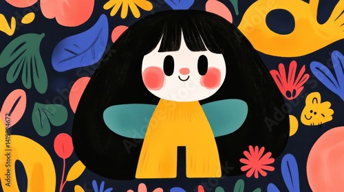 Blackhaired fairylike girl surrounded by colorful flora