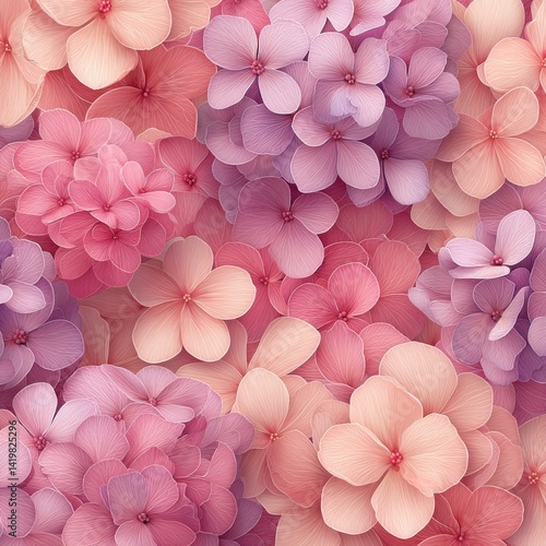 Floral pattern featuring intricate line drawings of blossoms in soft pink and purple hues.