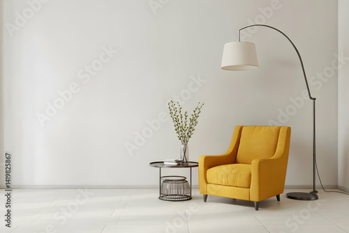 Cozy Interior Design: A stylish reading nook radiates modern elegance. A sunny yellow armchair, a sleek table, an arc floor lamp and a delicate vase adorn the setting.