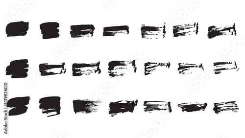 Collection of black ink brush strokes and banners, hand drawn thick grunge lines and rectangular shapes, abstract geometric straight brush strokes and bold lines, grunge set of strokes for text