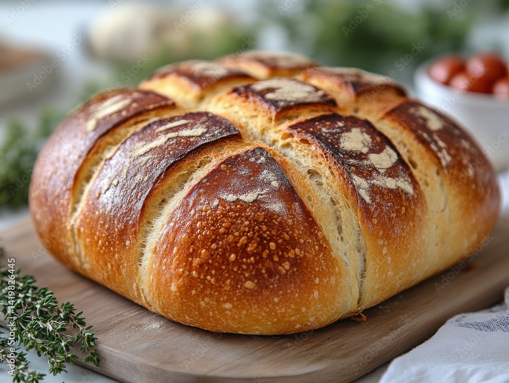 rustic artisan bread side view, natural shape, soft light, white background