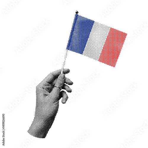 hand holding a flag of France, retro halftone effect, vintage photocopy style illustration