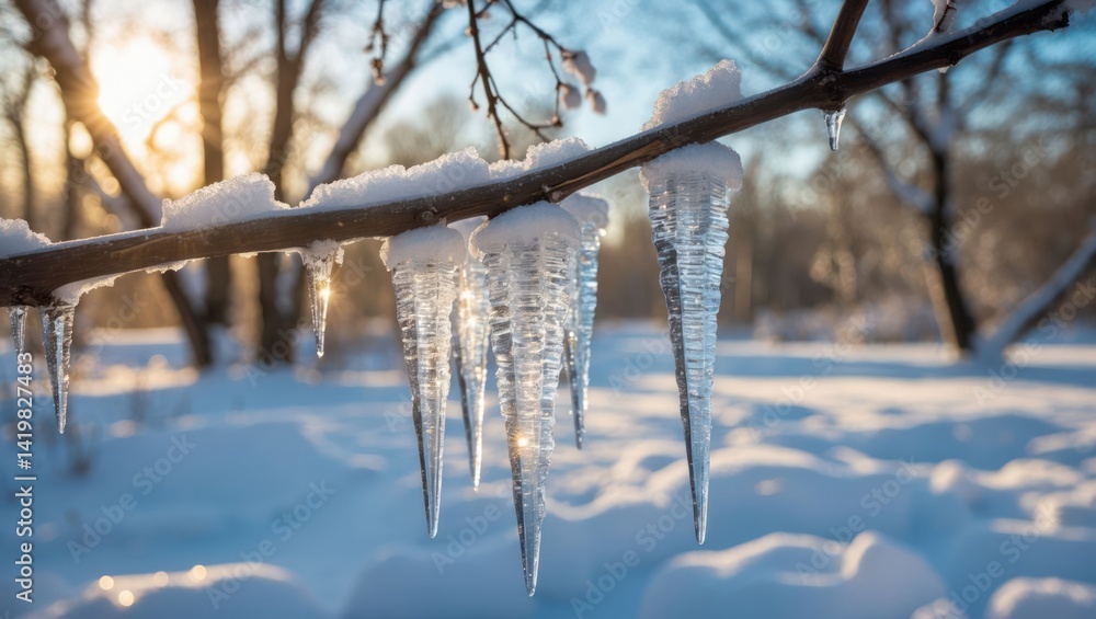 Icicles Hanging from Tree Branch in Winter Sunlight Snowy Scene Icicles Hanging from Tree Branch in Winter Sunlight Snowy Scene