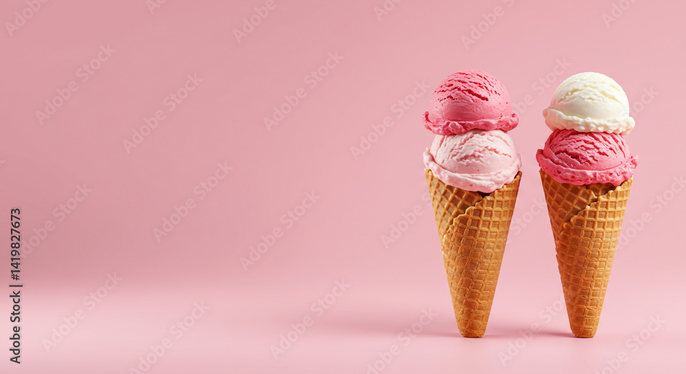 Two ice cream cones with pink and white scoops on a pink background in a studio setting for a sweet treat Two ice cream cones with pink and white scoops on a pink background in a studio setting for a sweet treat