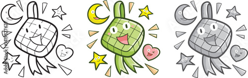 Funny ketupat, star, moon, and heart cartoon character in three colors version