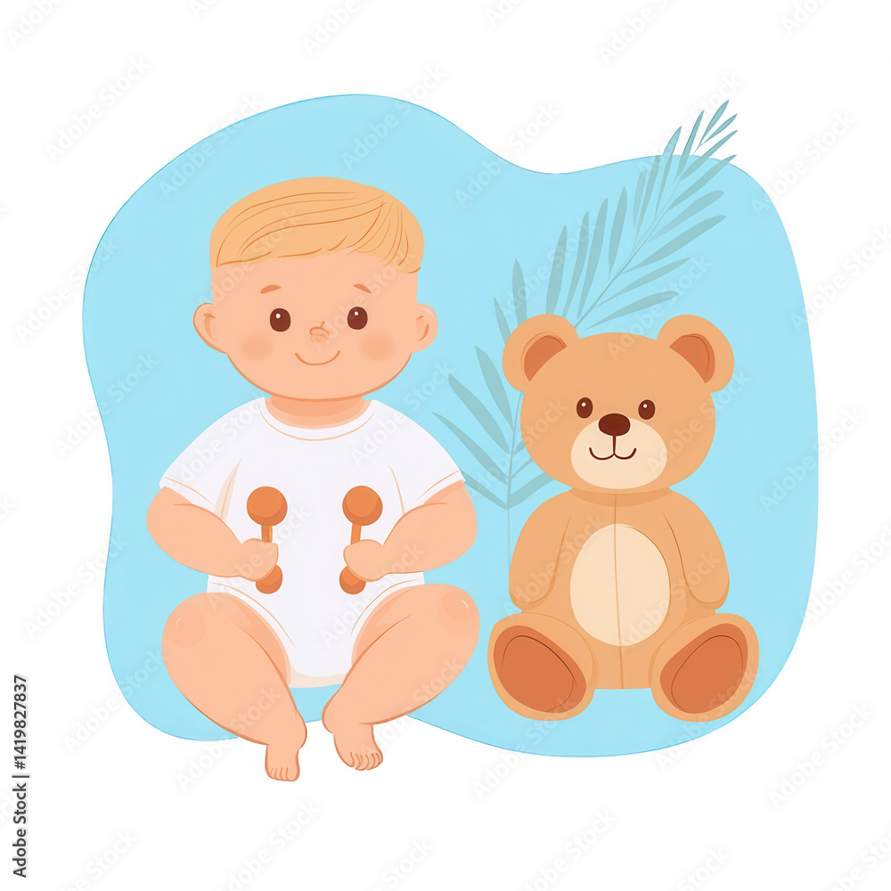 A cheerful baby sitting beside a cute teddy bear, holding small weights, with a playful background. Perfect for themes of childhood, play, and development. A cheerful baby sitting beside a cute teddy bear, holding small weights, with a playful background. Perfect for themes of childhood, play, and development.