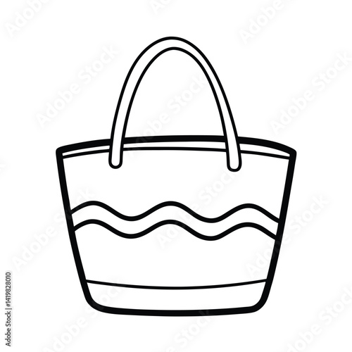 Simple black and white outline illustration of a beach bag with wavy stripes design