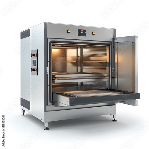 Open industrial oven with stainless steel.