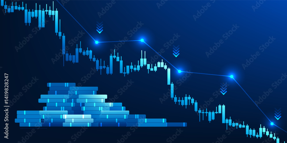 Naklejka premium Falling stock chart, along with a coin, indicates an economic recession, market volatility, or financial crisis, caused by interest rate increases, tax increases.Suitable for use in economic new media
