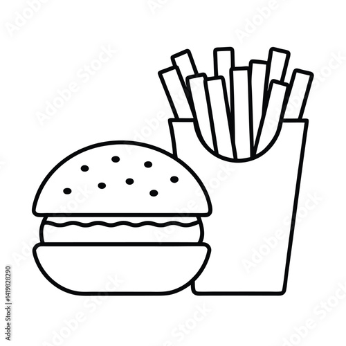 Monochrome burger and french fries vector illustration minimalist fast food outline design