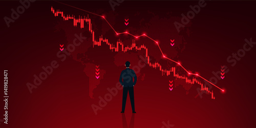 Stock chart is falling, with a map of the world behind it, and a businessman standing in front. Due to tax increases or interest rate increases, companies have to adjust and solve problems.