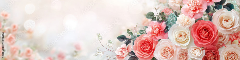 Fototapeta premium Elegant floral arrangement with pink and white roses, soft bokeh background, perfect for Mother Day website header or romantic design.
