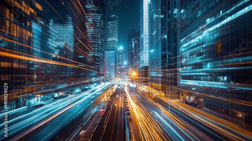 Night city lights blur of fast motion. Urban metropolis at night.  High speed traffic