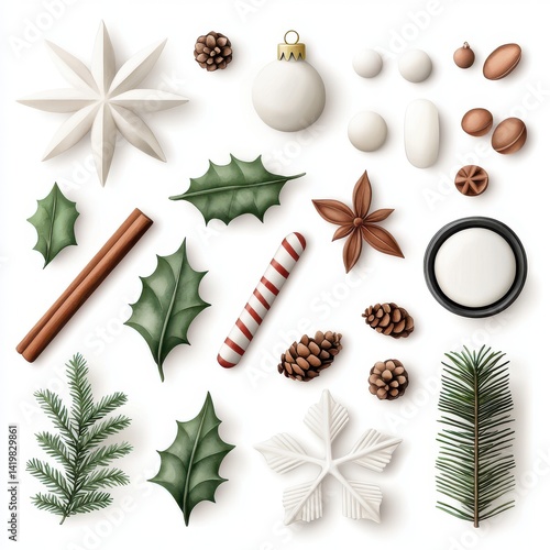 Wallpaper Mural A collection of realistic Christmas elements including holly leaves, pine cones, cinnamon sticks, star anise, candy canes, snowflakes, and ornaments perfect for festive designs and Torontodigital.ca
