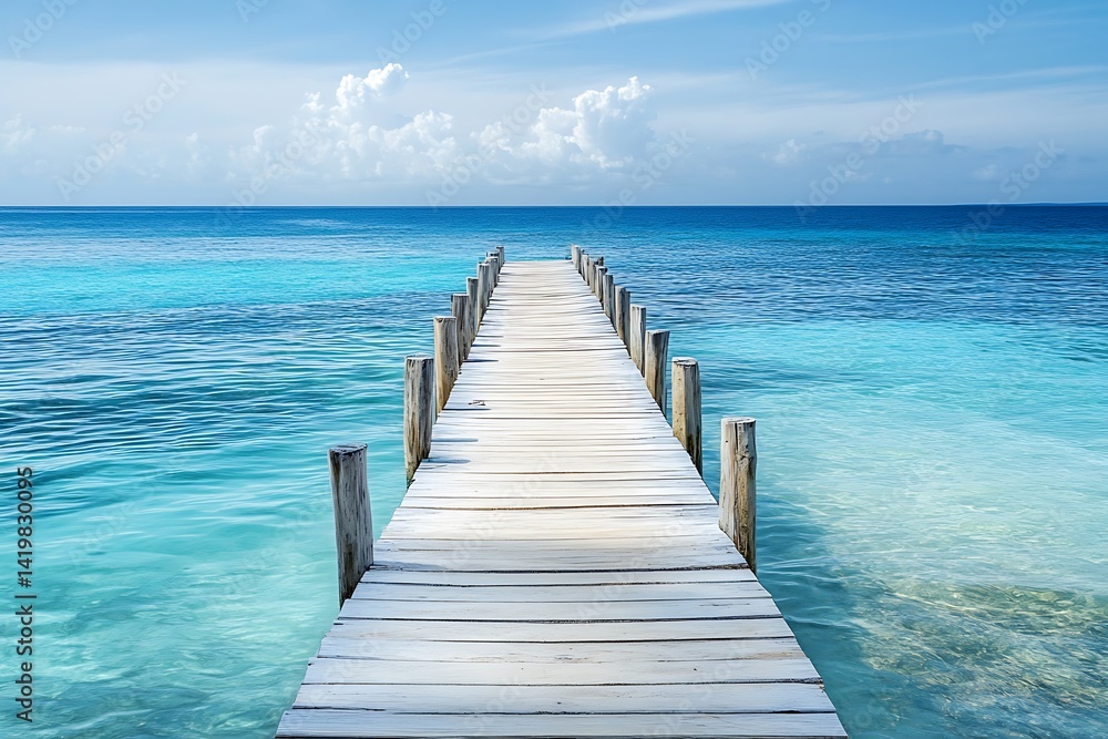 Obraz premium Wooden Pier Extending Into Turquoise Ocean Under Cloudy Blue Sky Daytime
