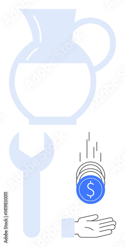 Large pitcher, wrench standing upright, falling coins landing in an open hand. Ideal for fundraising, financial planning, charitable giving, support, resource management, teamwork simple landing