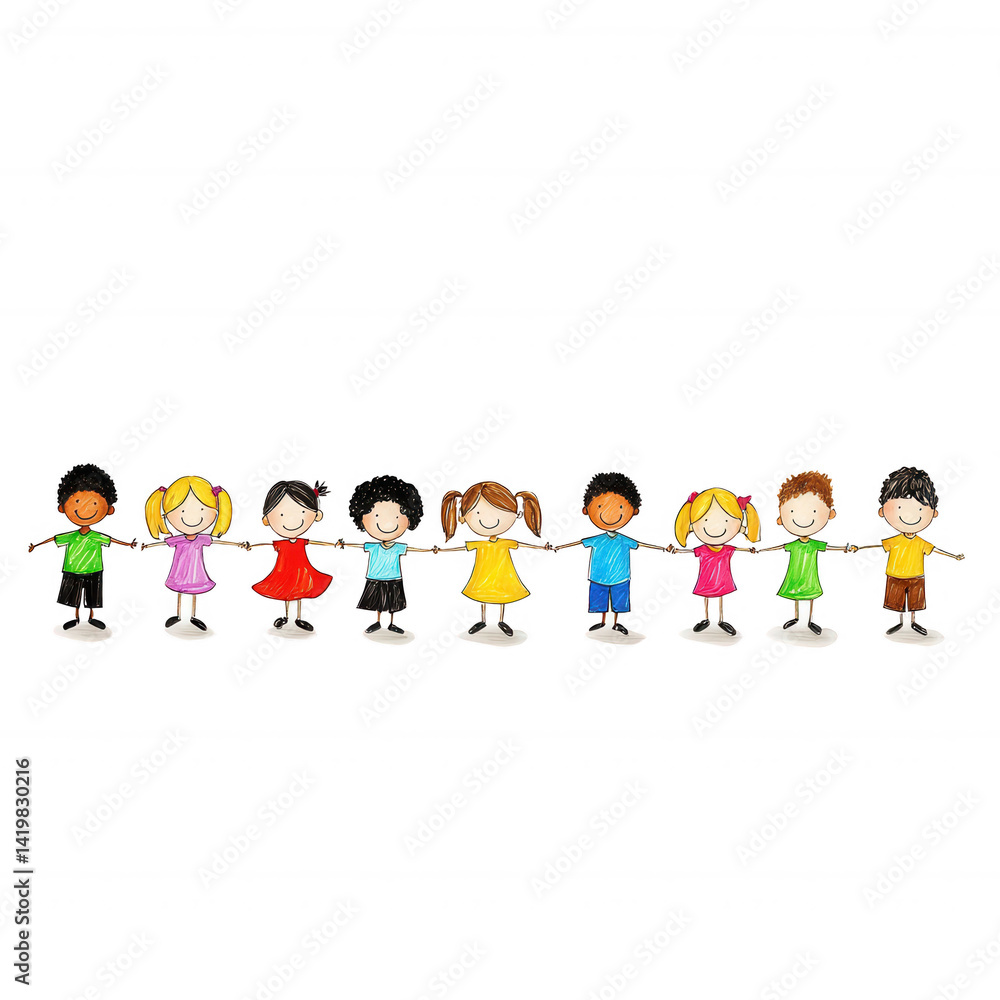 A cheerful group of diverse children holding hands, representing friendship and unity. Colorful illustrations capture joy, inclusivity, and global connection among young ones. A cheerful group of diverse children holding hands, representing friendship and unity. Colorful illustrations capture joy, inclusivity, and global connection among young ones.