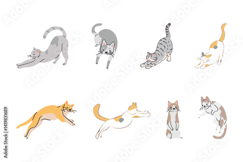 Feline Gymnastics: A delightful array of playful cats in various animated poses, showcasing flexibility and agility in a light, cartoon-style illustration.