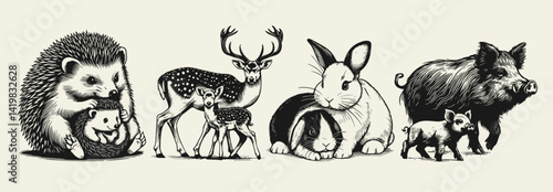 Set of vector drawings of wild animals with their cubs, hedgehog, deer, hare and boar, monochrome isolated vector illustration on light background.