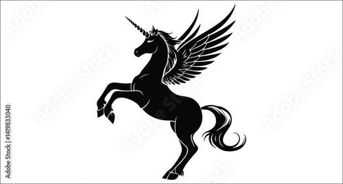Majestic Black Unicorn With Wings Rearing Silhouette On White Background