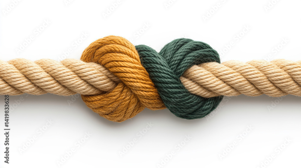 Interlocking tan and green ropes tied securely in a central knot... Interlocking tan and green ropes tied securely in a central knot...