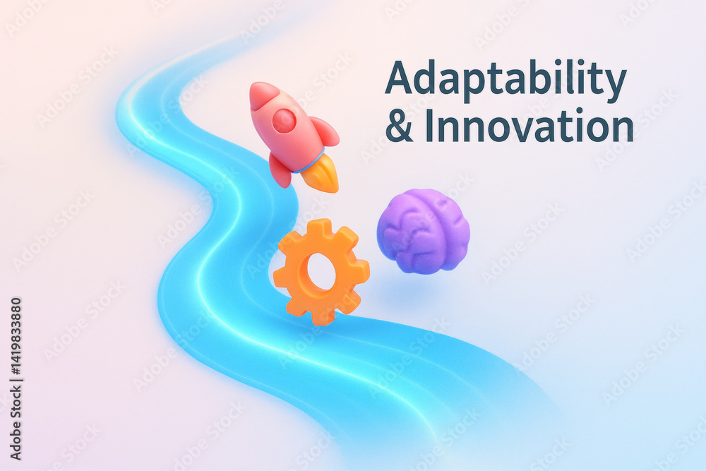 Rocket, brain, and gear icons symbolize adaptability and innovation on flowing blue path Rocket, brain, and gear icons symbolize adaptability and innovation on flowing blue path