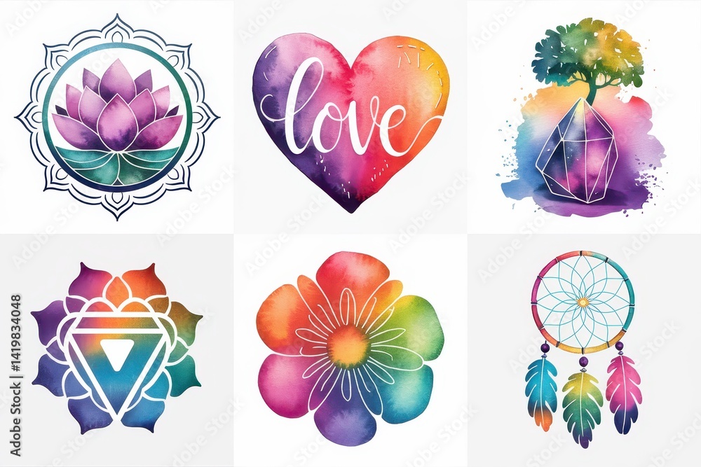 Colorful abstract spiritual designs in watercolor style.