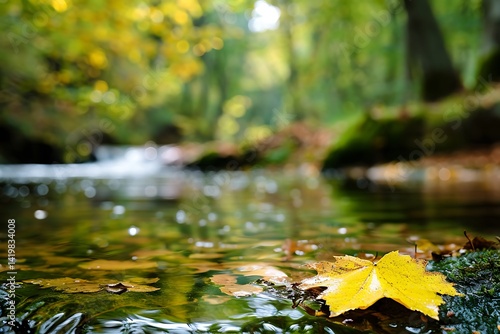 Yellow Leaf on Mossy Rock in Forest Stream with Water Reflection in Sunlight
