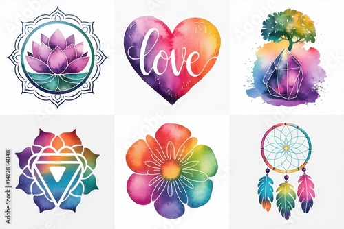Colorful abstract spiritual designs in watercolor style.